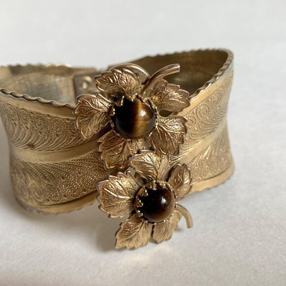 Vintage Tigerstone Gold Toned Clamp Cuff Bracelet Leaf Floral - Picture 2 of 7